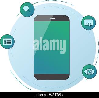 Smartphone with artificial intelligence services : image recognition, voice recognition, text analysis, search engine. Circle icons Stock Vector