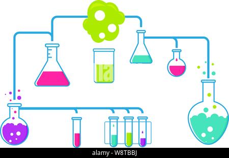 Chemistry scientific lab. Many flasks connected by tubes. Green blast. Circle, rectangle flasks Stock Vector