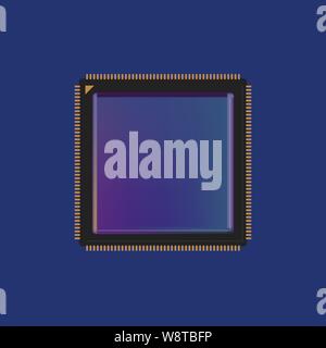 Vector illustration. Modern square cpu microprocessor chip in blue tones. Isolated Stock Vector