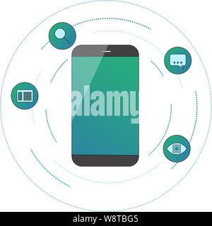Smartphone with artificial intelligence services : image recognition, voice recognition, text analysis, search engine. Circle icons Stock Vector