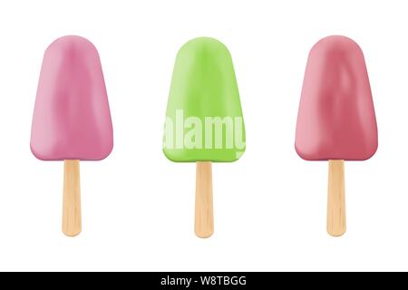 Three realistic ice-creams with strawberry, kiwi and cherry tastes on wooden stick. Isolated background. Vector illustration Stock Vector