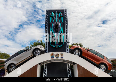 The Jaguar stand sulptural concept at the 2019 Goodwood Festival of Speed, Sussex, UK. Featuring the Formula E race car, Jaguar I-TYPE 3. Stock Photo