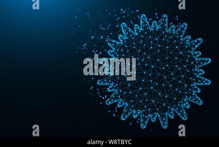 Sun low poly design, Solar symbol abstract geometric image, energy wireframe mesh polygonal vector illustration made from points and lines on dark blu Stock Vector