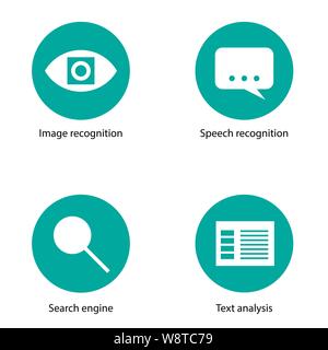 Artificial intelligence cognitive services icons - image recognition, speech recognition, search and text analysis. Applicable for web design, present Stock Vector