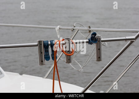Special blue pins on the board of the yacht Stock Photo