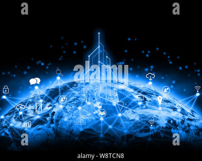 Global network and communication data exchanges over the planet Earth and transferring with technology of this image furnished by NASA. IOT Internet O Stock Photo