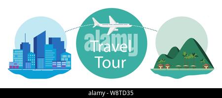 Travel design concept with flying airplane from the city to tropical island with palm trees, umbrellas and loungers. Concept applicable for travel tic Stock Vector