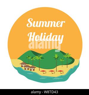 Summer holiday concept with island landscape and palm trees. Tropical resort on the yellow beach with umbrellas and loungers. Applicable as summer hol Stock Vector
