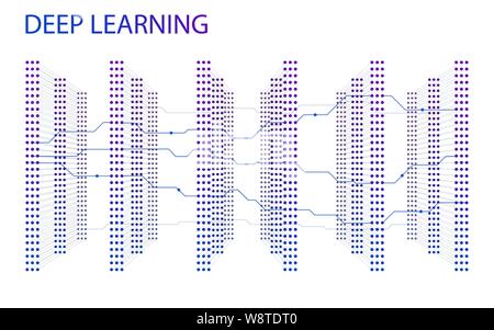 3D Neural network with six layers. Illustration of structured big data for presentations, banners, posters. Artificial intelligence, machine learning Stock Vector