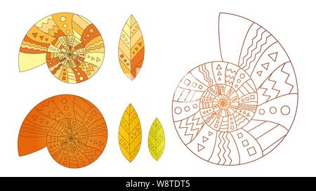 Set of snail shells and leaves with triangle, square and circle ...