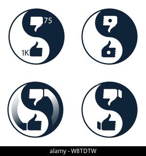 Set of social media or social network like icons. Like and dislike inside yin yang symbol. Illustration of social vote and opinions about post, video Stock Vector