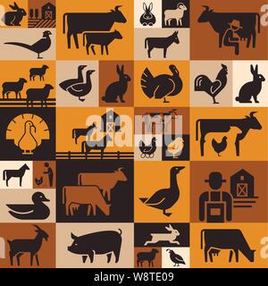 Seamless pattern of various farm animals on dark backgrounds from vector icons. Stock Vector
