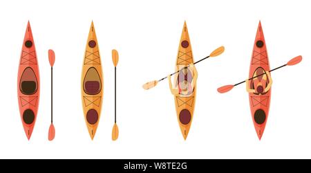 Set of kayaks for outdoors activities, fishing. Empty kayaks and with man and woman sitting inside with paddle. Vector illustration Stock Vector