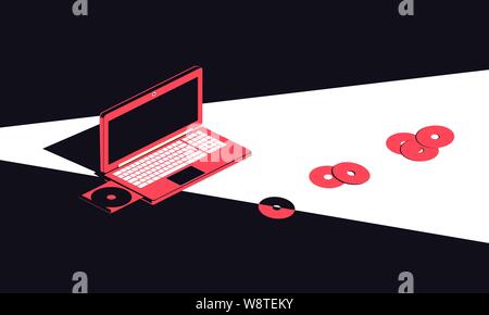 Laptop and CDs. Isometric in futuristic style. Vector illustration Stock Vector