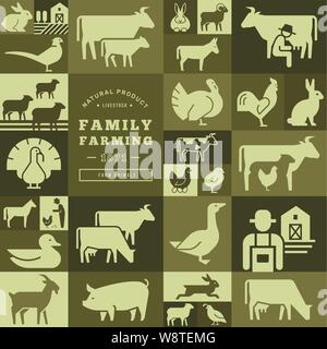 Seamless pattern of various farm animals on dark backgrounds from vector icons. Stock Vector