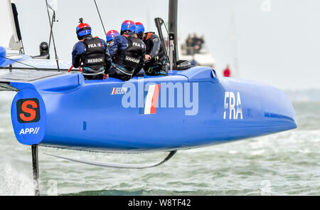 Cowes, Isle of Wight, UK. 11th August 2019. France SailGP Team helmed by Billy Besson during SailGP Cowes on 11 August 2019. Photo by Phil Hutchinson. Editorial use only, license required for commercial use. No use in betting, games or a single club/league/player publications. Credit: UK Sports Pics Ltd/Alamy Live News Stock Photo