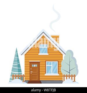 Flat design isolated wooden rural farm house with attic, chimney, fences, with snowy winter tree and spruce. Stock Vector