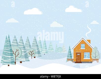 Light blue beautiful winter landscape with country house with chimney, snowy fields, winter trees, spruces, clouds, snow Stock Vector
