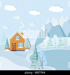 Flat design beautiful snowy Christmas winter lake landscape scene with mountains, clouds, trees, spruces, rural house Stock Vector