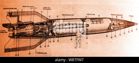 Diagrammatic view of a WWII German V2 Rocket - Also known in Germany as Vergeltungswaffe 2, ('Retribution Weapon 2') or  Aggregat 4 (A4). It followed production of the VI or  'doodlebug' and was the world's first long-range guided ballistic missile Stock Photo