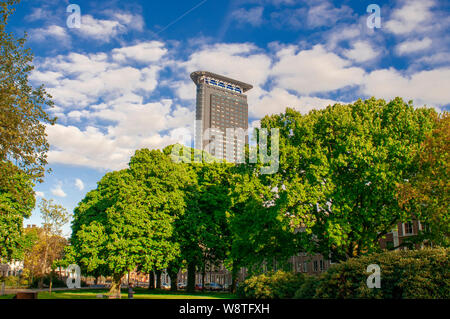 The Dutch take on The Flatiron (De Strijkijzer) Building on New York’s 175 Fifth Avenue and completed in 1902. The Hague Tower constructed between 200 Stock Photo