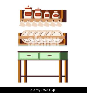Wooden kitchen rustic furniture interior scene isolated on white background shelves with jars, cups, plates, table, cans Stock Vector