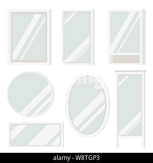 Set of plastic mirrors frame of various shapes round, square, oval, rectangular, floor and with shelves Stock Vector
