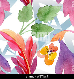 Ornament with pansies floral botanical flowers. Watercolor background illustration set. Seamless background pattern. Stock Photo