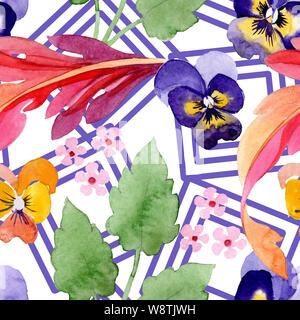 Ornament with pansies floral botanical flowers. Watercolor background illustration set. Seamless background pattern. Stock Photo