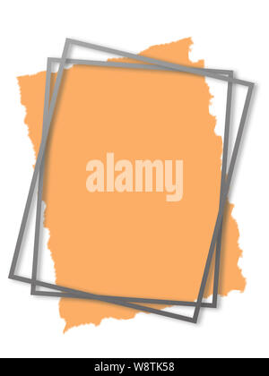 Illustrated frame for your text. Two gray frames laid on crooked with orange ragged canvas on white background. Copy space. Stock Photo