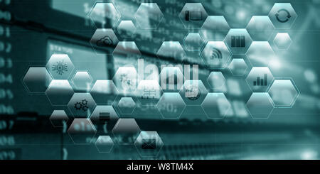 Information communication technology concept. Abstract background with icons and blurred server room. Stock Photo