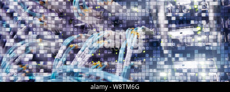 Binary code on datacenter background. Cyber space concept. UniqueTechnology Wallpaper Stock Photo