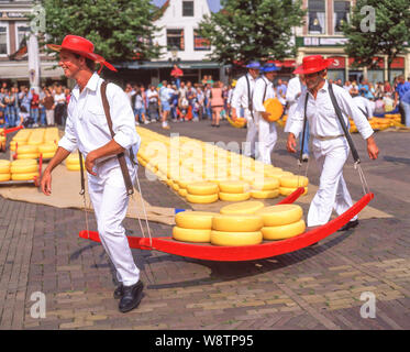 Cheese-porters carrying wheels of Gouda cheese on sledge at Alkmaar Cheese Market, Alkmaar, Noord-Holland, Kingdom of the Netherlands Stock Photo