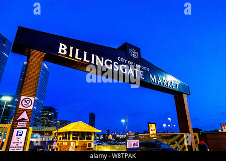 Gate to Billingsgate fish market, UK's largest fish and seafood market near Canary Wharf in Poplar, East London, UK