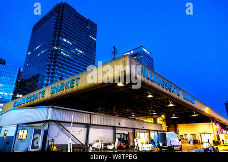 Exterior of the Billingsgate fish market, UK's largest fish and seafood market near Canary Wharf in Poplar, East London, UK