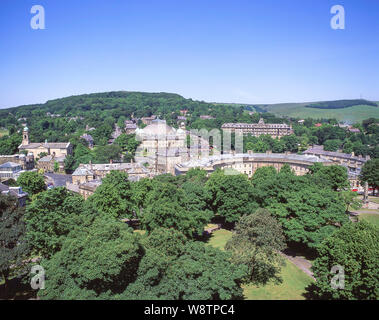 Aerial view of town showing Devonshire Dome and Buxton Crescent, Buxton, Derbyshire, England, United Kingdom Stock Photo