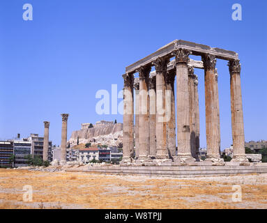 View of the Acropolis from Temple of Olympian Zeus, Athens (Athina), Central Athens, Greece Stock Photo