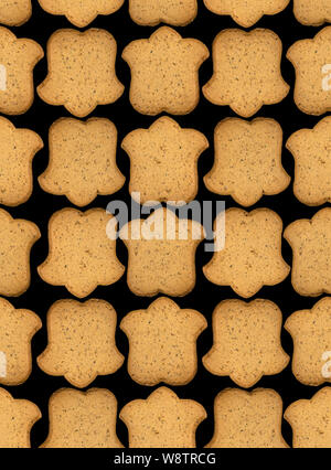 Gingerbread pattern on black background, seamless texture background. Gingerbread cookies bells flowers. Seamless background culinary theme baking des Stock Photo