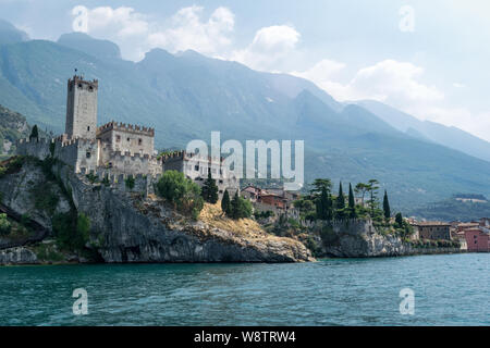 Malcesine, Italy - July 24, 2019: This is old castle of Scaliger on lake Garda in Italy