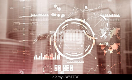 Financial dashboard with business intelligence BI. Blurred megapolis Stock Photo