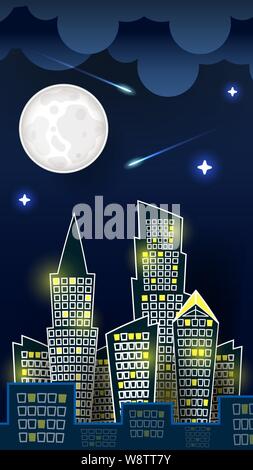 Vector Illustration Of Night City Landscape On Dark Blue Sky Background With Big Moon. Art Design For Web, Site, Advertising, Banner, Poster, Flyer, B Stock Vector