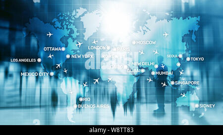 Global Aviation Abstract Background with planes and city names on a map. Business Travel Transportation concept Stock Photo