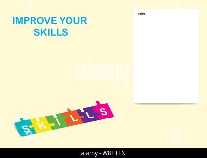 Improve your skills template vector of 3d inscription SKILLS on puzzle pieces. Blank white notes is ready for your text. Stock Vector