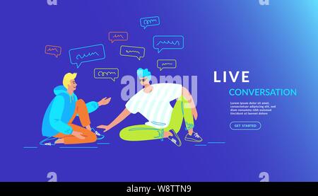 Casual friends talking and smiling together. Gradient vector illustration of two teenage guys are sitting on the floor and chatting and having live co Stock Vector