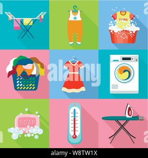 Washing equipment icon set. Flat set of 9 washing equipment vector icons for web design isolated on white background Stock Vector