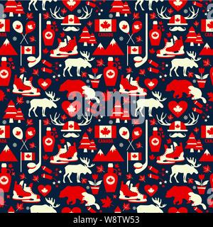 Canada sign and symbol, Info-graphic elements flat icons set in seamless pattern. Stock Vector