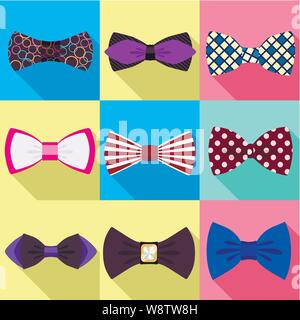 Texture bow tie icon set. Flat set of 9 texture bow tie vector icons for web design isolated on white background Stock Vector
