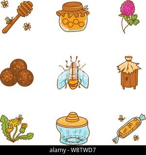 Bee honey icon set. Hand drawn set of 9 bee honey vector icons for web design isolated on white background Stock Vector