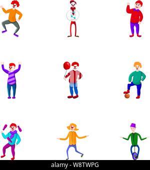 Circus arena clown icon set. Cartoon set of 9 circus arena clown vector icons for web design isolated on white background Stock Vector