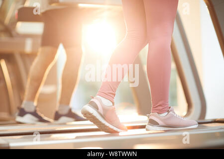 Sports background of people running on treadmills in gym lit by sunlight, copy space Stock Photo